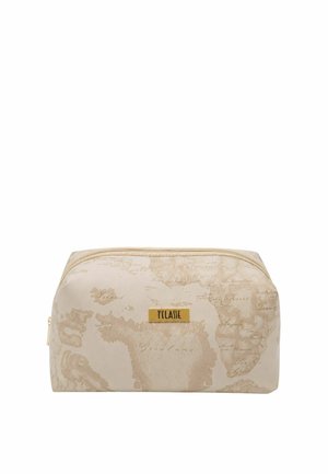 Borsa cosmetica rettangolare beige con stampa mappa vintage marrone chiaro e etichetta metallica dorata con la scritta "T CLASSE" sul davanti, chiusura con cerniera in alto.