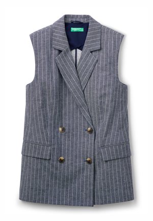 Blauw gestreept mouwloos vest met een dubbelgebreid ontwerp, notch kraag en twee voorzakken. Knopen in een donkere afwerking accentueren de look.