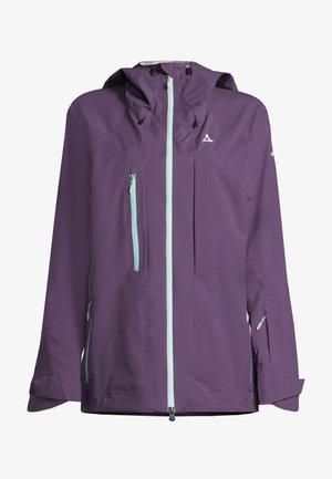 Fioletowa wodoodporna kurtka z kapturem, z przednim zamkiem błyskawicznym i dwiema bocznymi kieszeniami na zamek, ozdobiona jasnoniebieskim okuciem.