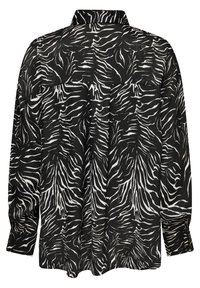 Zwart-wit shirt met een zebraprint, lange mouwen, een kraag en rugplooien voor een relaxte pasvorm.