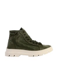 Hoge sneakers van donkergroen canvas met een gestructureerd oppervlak, witte rubberen zool, metalen ogen en contrasterende stiksels.