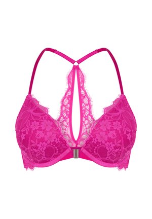 Roze kanten beha met een diepe V-rug, voorzien van bloemmotieven, verstelbare bandjes en een centrale metalen sluiting. Fijne franjes langs de randen.