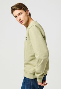 Felpa verde chiaro in cotone, con polsini e orlo a coste. Sul davanti presenta un piccolo dettaglio logo nero. Il modello indossa jeans blu.