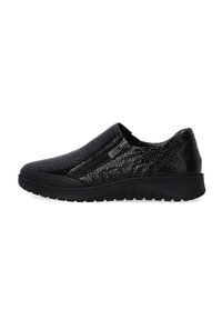 Černé nazouvací boty s lesklým, texturaovaným povrchem, bočním zipem, flexibilní gumovou podrážkou a rounded toe designem.