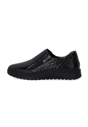 Des chaussures noires à enfiler avec une finition texturée brillante, détail de zip sur le côté, semelle en caoutchouc flexible et design à bout arrondi.