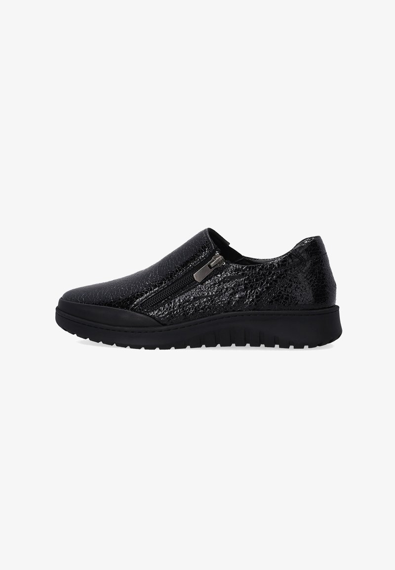 Schwarze Slipper mit glänzender, strukturierter Oberfläche, seitlichem Reißverschluss, flexibler Gummisohle und runder Zehenpartie.