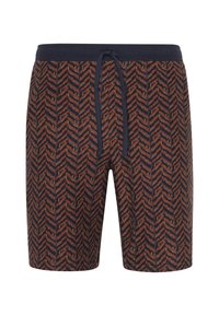 Heren shorts in donkerblauw met een visgraatpatroon. Gemaakt van zachte stof, met een elastische tailleband en een trekkoorddetail.