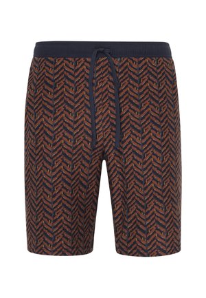 Herrshorts i mörkblått med ett fiskbensmönster. Tillverkad av mjuk tyg, med elastisk midja och dragsko.