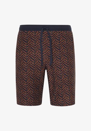 Heren shorts in donkerblauw met een visgraatpatroon. Gemaakt van zachte stof, met een elastische tailleband en een trekkoorddetail.