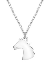 Sølv hestehoved vedhæng på en kæde, der har en glat overflade, afrundede kanter og en lille sort prik som øje.