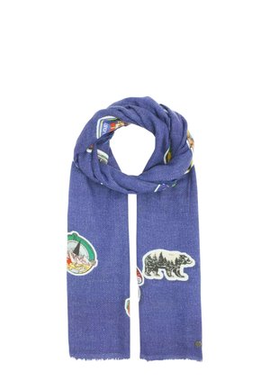 Blue scarf with outdoor-themed patches including a bear and a compass, shown wrapped in a loop with ends hanging down.
