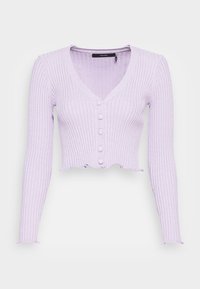 Cardigan cropped a coste lilla con maniche lunghe, scollo a V, bottoni rivestiti in tessuto e orlo e polsini ondulati.