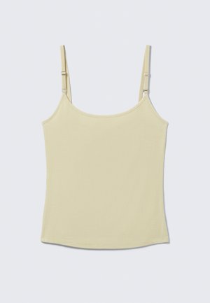 Hele kollane soonikuga kampsun reguleeritavate õhukeste õlarihmadega, sirge äärega, tasapinnal neutraalsel taustal.