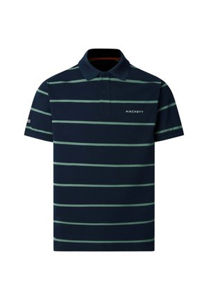 Polo blu navy con righe orizzontali verde chiaro, maniche corte, abbottonatura a due bottoni e logo "HACKETT" sul petto e sulla manica.