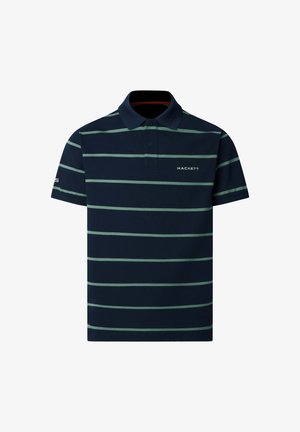 Navy blue polo shirt with light green horizontal stripes, short sleeves, two-button placket, and "HACKETT" logo on chest and sleeve.