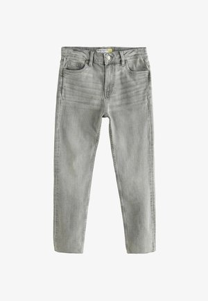 Grå denim jeans med en afslappet slim fit, der har et klassisk fem-lomme design, bæltestropper og en lynlåsgylp med knaplukning.
