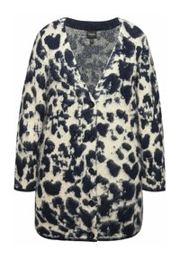 Stickad cardigan i krämfärgad och marinblå, med en stor leopardmönsterdesign, knäppning framtill, V-ringning och trekvartslånga ärmar.
