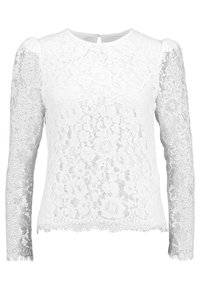 Hvid langærmet bluse lavet af blonder med blomstermønstre, rund halsudskæring og lille nøglehul på ryggen. Kanterne har frynse detaljer.