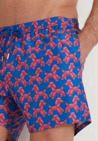 Shorts de bain avec une base bleue et un motif répété de chiens-ballons roses. Comprend une taille élastique avec cordon de serrage et des poches latérales.