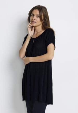 Black tunic top made of lightweight fabric, featuring short sleeves, a keyhole neckline, and a loose fit for comfort.
