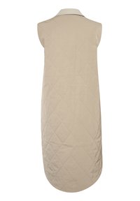 Beige gesteppte Weste mit kragenlosem Ausschnitt. Sie besitzt ein Rautenmuster, ist ärmellos und hat einen abgerundeten Saum am unteren Ende.