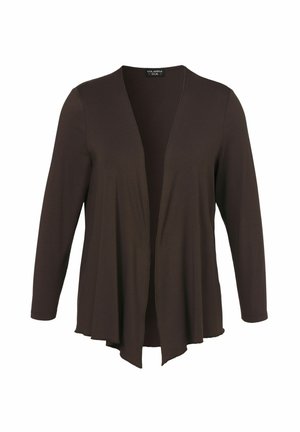 Donkerbruine, lange mouwen, open voorkant cardigan met een gedrapeerde asymmetrische zoom, gemaakt van lichtgewicht stof.