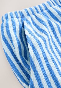 Shorts in spugna blu con strisce alternate di blu chiaro e scuro, caratterizzati da una vita elasticizzata a coste e una superficie testurizzata.