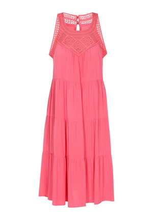Růžové bezramenné šaty s krajkovými detaily na ramenech, s vrstveným designem a s klíčovou dírkou na zadním zapínání. Vyrobeno z lehkého materiálu.
