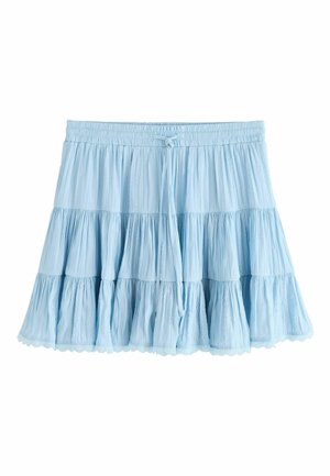 Lyseblå mini nederdel med lagdelt design, samlet stof, elastik i taljen og bindebånd foran.