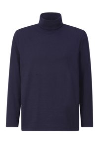 Marinefarbener Rollkragenpullover aus weichem Material, mit langen Ärmeln und einem minimalistischen Design ohne sichtbare Muster oder Grafiken.