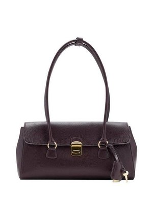 Sac à main en cuir marron foncé avec deux anses, fermoir doré et détail de serrure à clé attaché sur fond blanc.