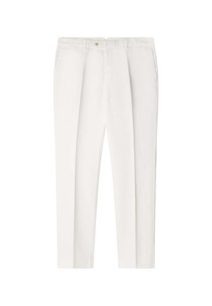 Pantalones de lino blanco con un corte recto, pliegues frontales, trabillas para cinturón y un cierre de botón único. Textura suave y diseño hasta el tobillo.
