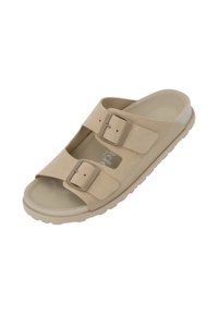 Beige two-band slide sandal with a textured suede upper, adjustable buckle closures, and a contoured footbed on a flexible rubber sole.
