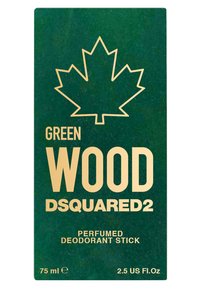 Emballage rectangulaire vert avec une finition brillante, présentant une feuille d'érable dorée, "GREEN WOOD" en caractères gras, et les détails du produit en dessous.