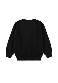 Čierna mikina s okrúhlym výstrihom, dlhými rukávmi a rebrovanými manžetami. Hladká textúra látky, voľný strih a jednofarebný dizajn.