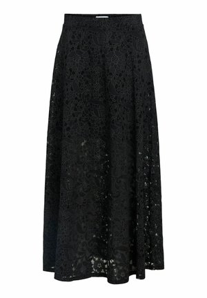 Fustă midi neagră cu suprapunere din dantelă florală și talie structurată, având o siluetă subtilă în formă de A.
