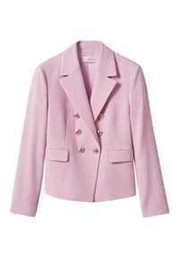 Blazer croisé rose pâle avec six boutons dorés et deux poches à rabat à l'avant, doté d'un col à revers cranté.