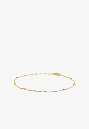 Narukvica od zlatnog lanca s malim okruglim perlama, nježnim dizajnom u obliku uvijenog kabela i sigurnim kopčom s podesivom duljinom.