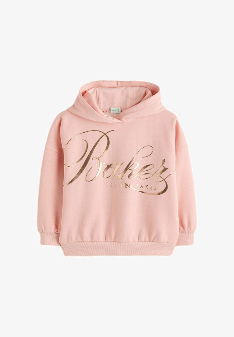 Rosa Kapuzenpullover mit langen Ärmeln und goldfarbener Schrift "Baker by Ted Baker" auf der Vorderseite.