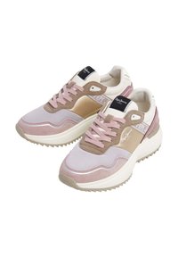 Roze en beige sneakers met bovenwerk van suede en mesh, textuurzool, gewatteerde kraag en logodetails op de tong en zijkant.