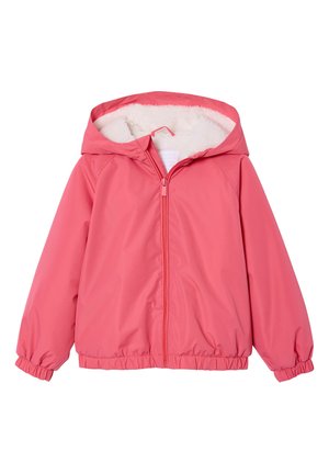 Pink hooded jacket with white fleece lining, front zipper, elastic cuffs, and elastic hem, designed for cold weather.