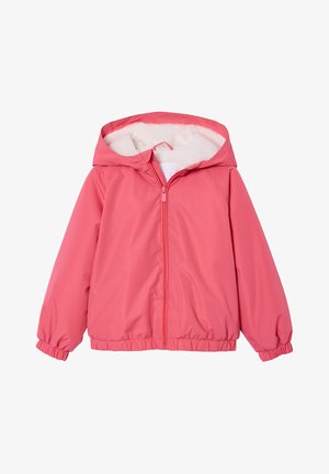 Rosa Kapuzenjacke mit weißem Fleecefutter, Frontreißverschluss, elastischen Bündchen und elastischem Saum, für kaltes Wetter geeignet.