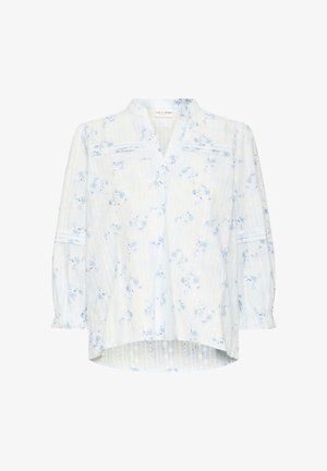 Hele sinine lilleline pluus V-kaelusega, 3/4 varrukate pikkusega, õõnsate detailidega ja veidi kõverdatud äärega.