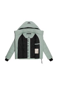 Light green hooded winter jacket with black interior lining, black cuffs, zipper pockets, and MARIKOO brand label inside.