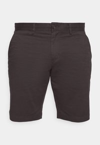 Shorts en coton noirs avec une coupe droite, une fermeture à bouton et des poches avant. Texture lisse avec un design classique et sans motifs visibles.