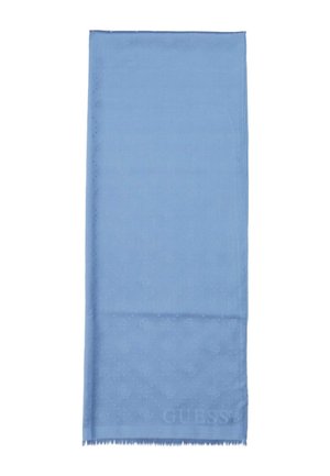 Light blue scarf made of soft fabric, featuring a subtle pattern and fringed edges. "GUESS" logo is embossed in one corner.