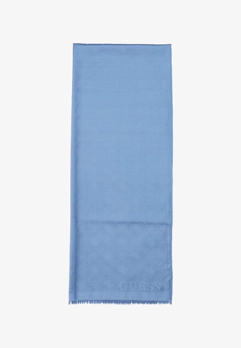 Fular albastru deschis, dintr-un material moale, cu un model subtile și margini franjurate. Logo-ul "GUESS" este embossat într-un colț.