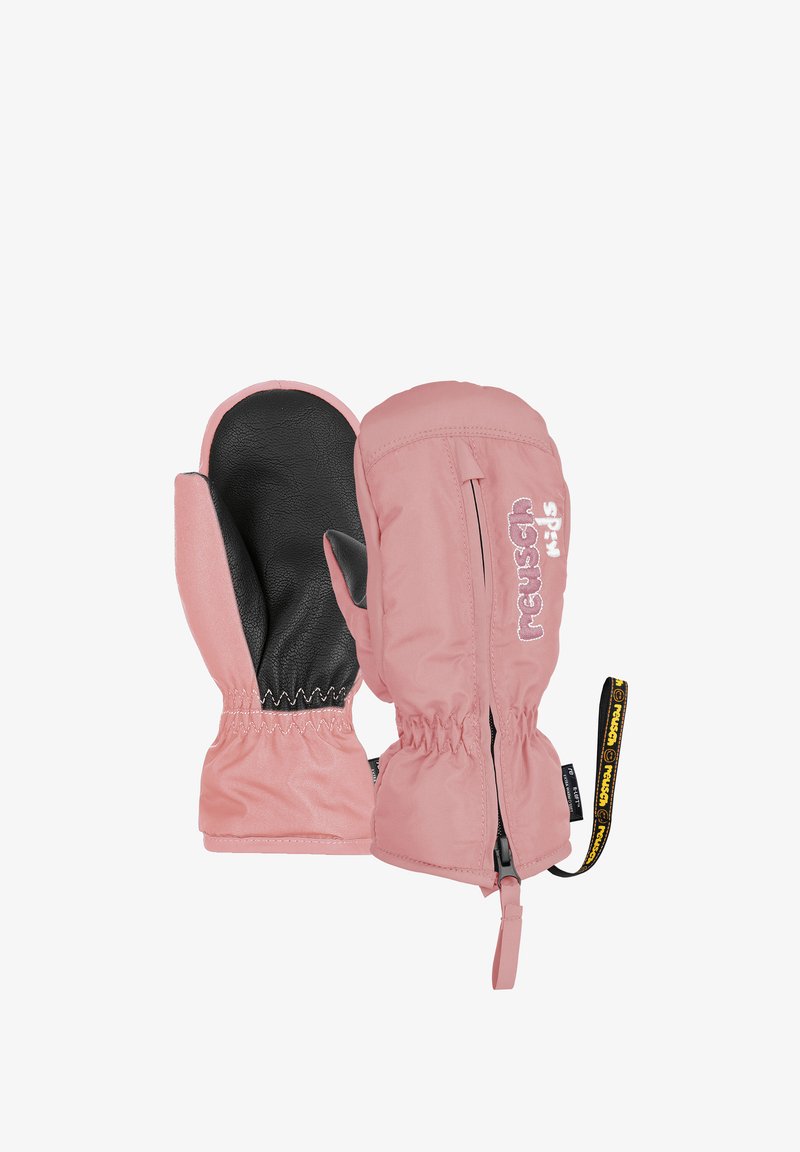 Rosa Winterhandschuhe mit wasserabweisendem Außenmaterial, schwarzer Lederhandfläche, elastischem Handgelenk und Logo-Detail. Mit einem Reißverschluss ausgestattet.