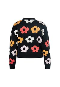 Pulover cu un fundal negru și modele florale colorate în roșu, roz, portocaliu și alb. Material tricotat texturat, design scurt.