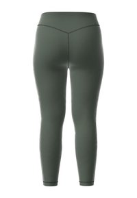 Donkergroene legging met een hoge tailleband, een slim-fit ontwerp, een soepel textuur en accentstiksels langs de naden, toelopend bij de enkels.